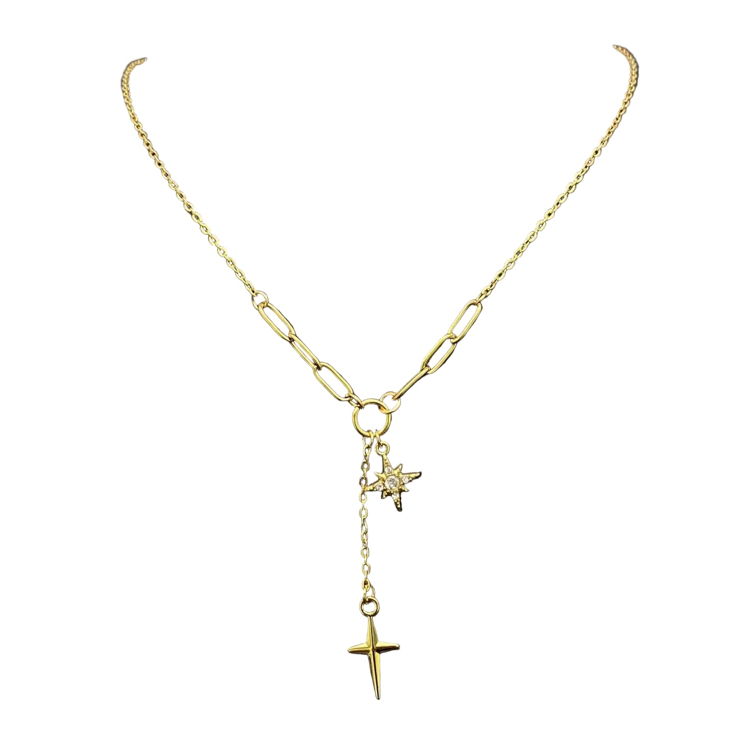 Colar Y com Pingente Estrela e Cruz em Ouro 18K