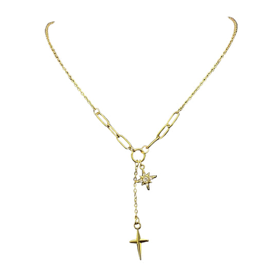 Colar Y com Pingente Estrela e Cruz em Ouro 18K