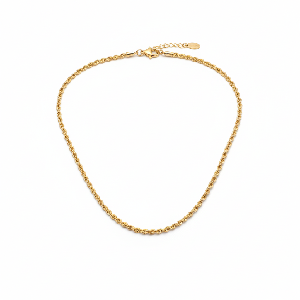 Corrente em aço inoxidável em forma de torção banhada a ouro 18K